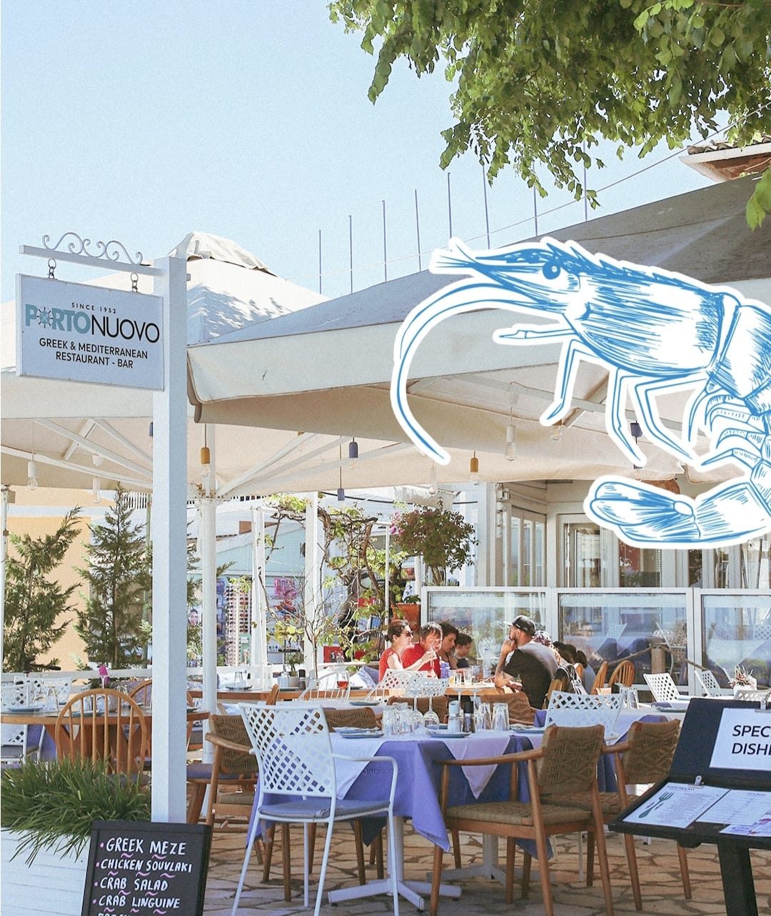 The Porto Nuovo terrace and sign — a fixture of the harbour since 1952